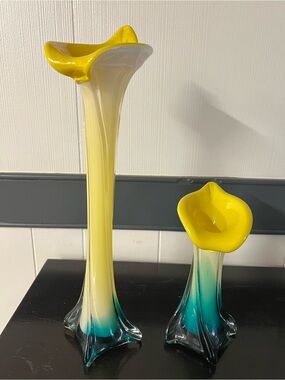 Yellow and Teal Handblown Glass Bud Vases - Pair